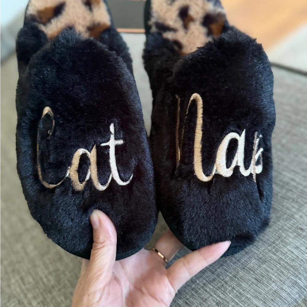 Women Slippers, New House Shoes, Black Brown Gold Embroidered Cat Nap Slippers